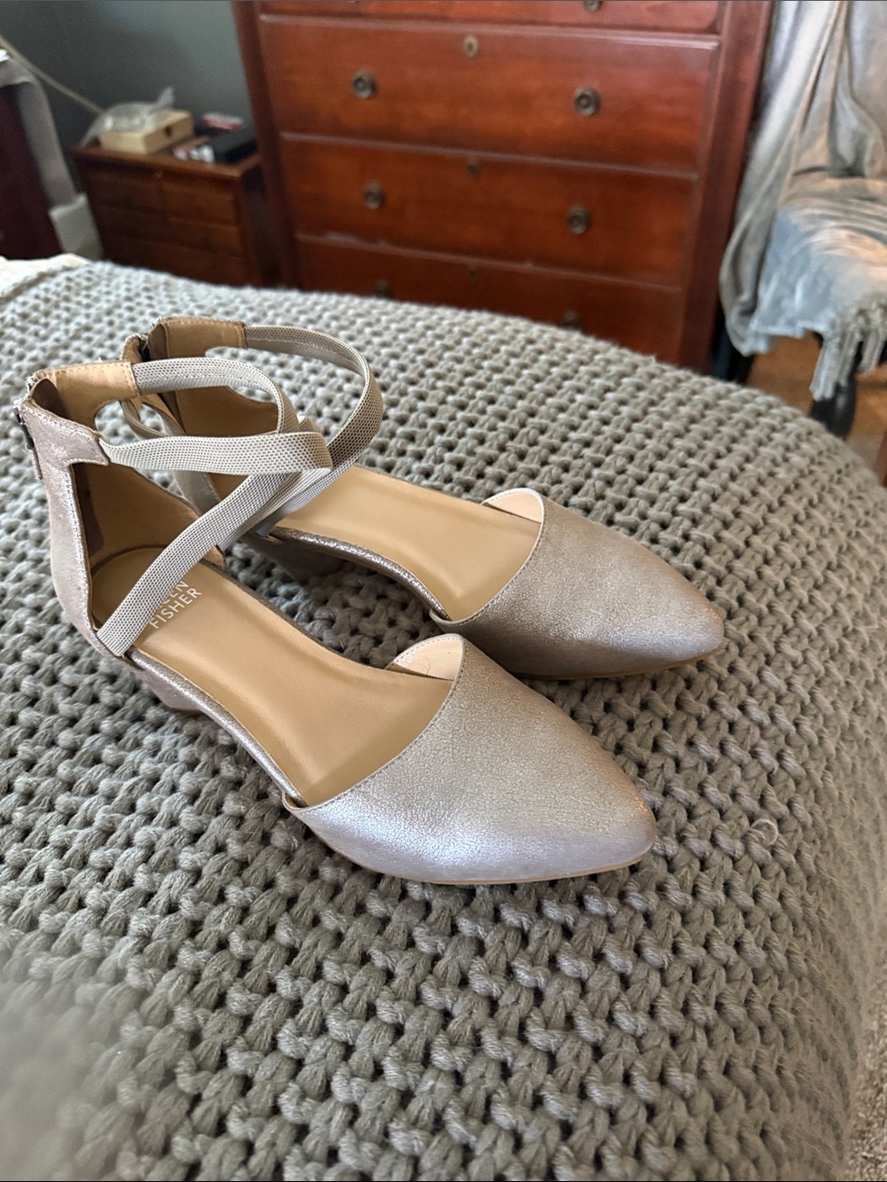 Eileen Fisher Metallic Taupe Pointed D'Orsay Flats with Ankle Straps
